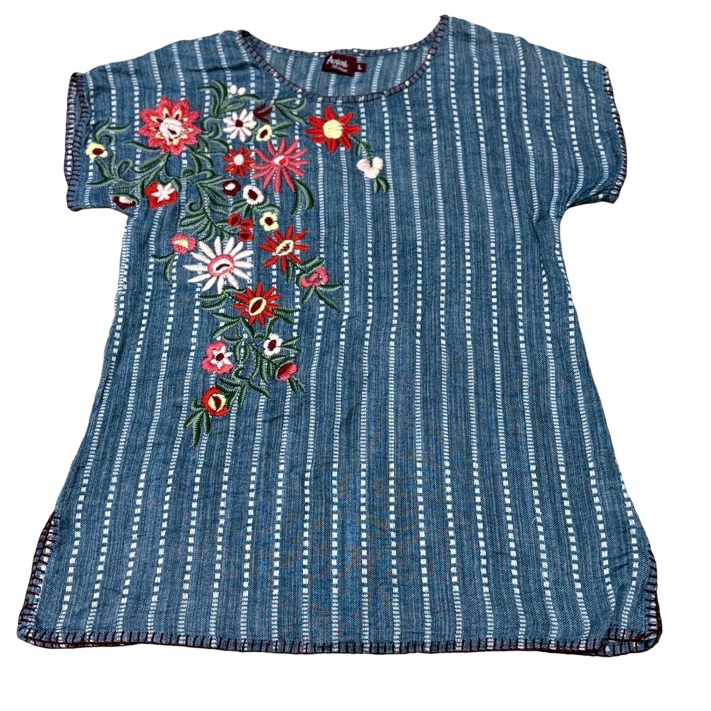 Avani Floral Embroidered Striped Tunic Top Women Size Large Blue